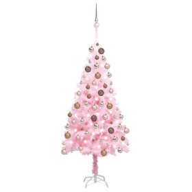 Árbol de Navidad preiluminado con luces y bolas rosa 150 cm