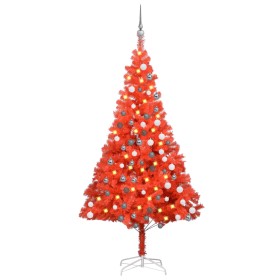 Árbol de Navidad artificial con LEDs y bolas PVC rojo 180 cm