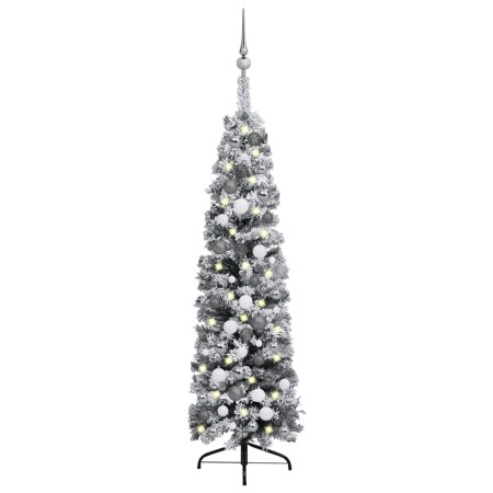 Árbol de Navidad delgado con luces, bolas y nieve verde 120 cm