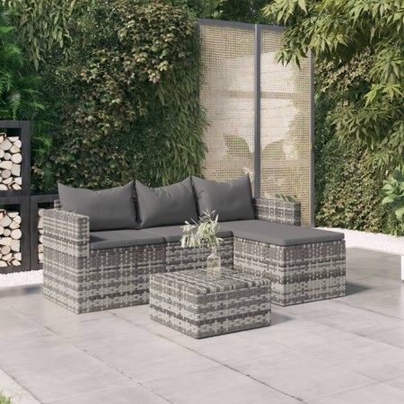 Set de muebles de jardín 3 pzas y cojines ratán sintético gris