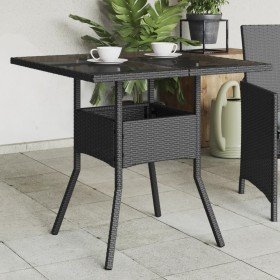 Mesa de jardín superficie de vidrio ratán PE negro 80x80x75 cm