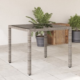 Mesa de jardín superficie de vidrio ratán PE gris 90x90x75 cm en Mesas de jardín | Comprar online en Foro24