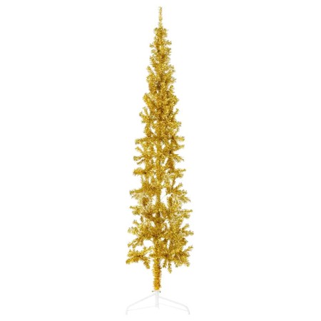 Medio árbol de Navidad artificial con soporte dorado 210 cm