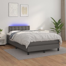 Cama box spring colchón y LED cuero sintético gris 120x200 cm