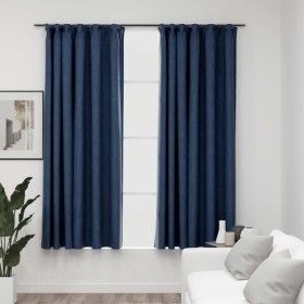 Cortinas opacas con ganchos look de lino 2 pzas azul 140x175 cm