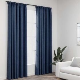 Cortinas opacas con ganchos look de lino 2 pzas azul 140x245 cm