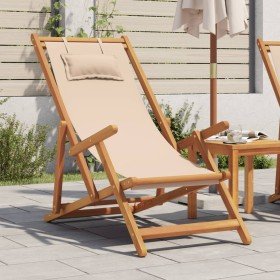 Silla de playa plegable madera maciza de eucalipto y tela beige