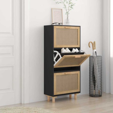 Zapatero madera contrachapada negro ratán natural 52x25x115 cm