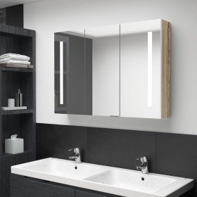 Armario de baño con espejo LED blanco y roble 89x14x62 cm