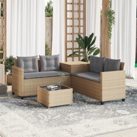 Sofá de jardín en forma de L con mesa y cojines ratán PE beige