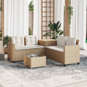 Sofá de jardín en forma de L con mesa y cojines ratán PE beige