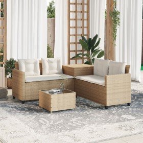 Sofá de jardín en forma de L con mesa y cojines ratán PE beige