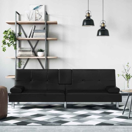 Sofá cama con portavasos cuero sintético negro