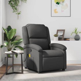 Sillón reclinable de masaje cuero auténtico gris Sillón reclinable de masaje cuero auténtico gris