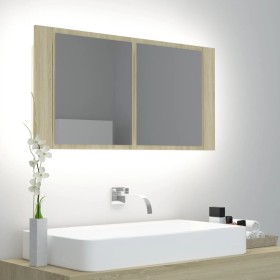 Armario espejo de baño LED acrílico roble Sonoma 90x12x45 cm