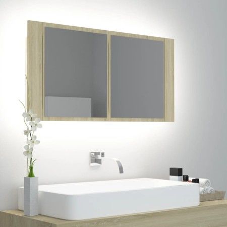 Armario espejo de baño LED acrílico roble Sonoma 90x12x45 cm de vidaXL, Tocadores de baño - Ref: Foro24-804975, Precio: 50,44...