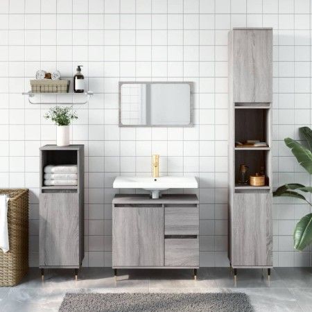 3-teiliges Badezimmermöbelset aus grauem Sonoma-Sperrholz von vidaXL, Badezimmermöbel - Ref: Foro24-3190219, Preis: 181,32 €,...