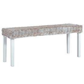 Banco de ratán kubu y madera maciza de caoba blanco 110 cm