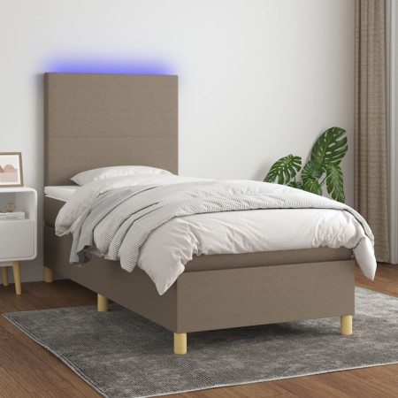 Cama box spring colchón y luces LED tela gris taupe 100x200 cm