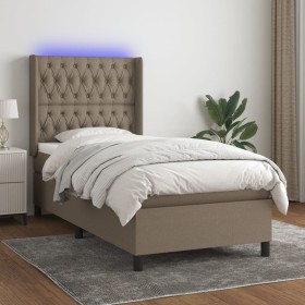 Cama box spring colchón y luces LED tela gris taupe 100x200 cm