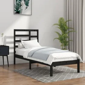 Black single solid wood bed frame 75x190 cm by vidaXL, Beds and slatted bases - Ref: Foro24-3105759, Price: 118,34 €, Discoun...