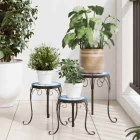 Soportes para plantas 3 uds cerámica azul y blanco