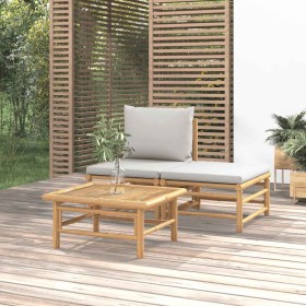 Set de muebles de jardín 3 piezas bambú y cojines gris claro