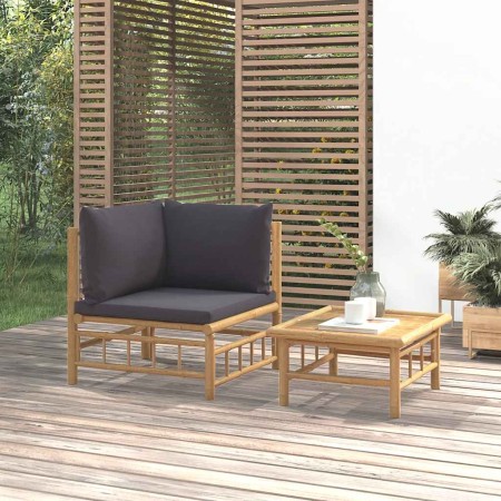 Set de muebles de jardín 2 piezas bambú con cojines gris oscuro