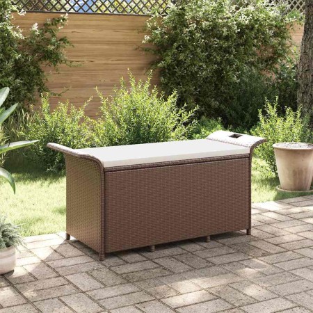 Banco de jardín con cojín ratán sintético marrón 116x46x57 cm