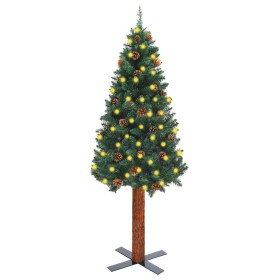 Árbol de Navidad estrecho LED madera real y piñas verde 210 cm