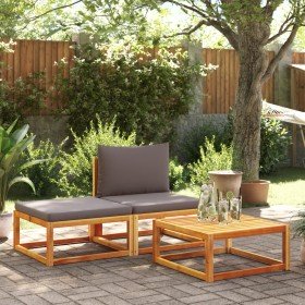 Conjunto de sofá de jardín de 3 piezas con cojines de madera de acacia y ratán en Sofás de exterior | Comprar online en Foro24