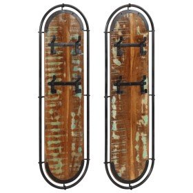 Percheros de pared con 4 ganchos 2 uds madera maciza reciclada Percheros de pared con 4 ganchos 2 uds madera maciza reciclada