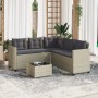 Sofá jardín forma de L con mesa y cojines ratán PE gris claro