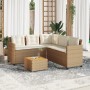 Sofá de jardín en forma de L con mesa y cojines ratán PE beige