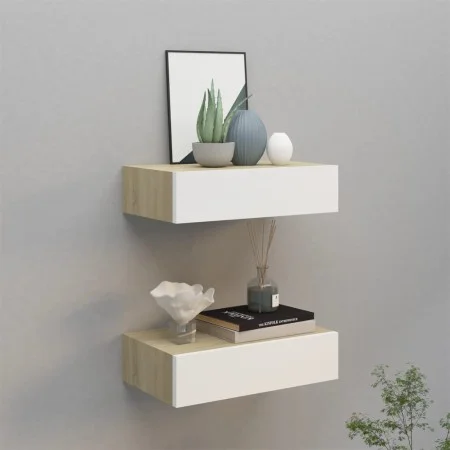 Wall shelves with drawer 2 pcs MDF oak/white 40x23.5x10cm by vidaXL, Shelves and shelves - Ref: Foro24-330250, Price: 69,70 €...
