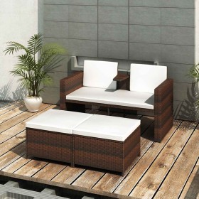 Set muebles de jardín 4 piezas y cojines ratán sintético marrón