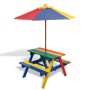 Mesa de picnic y bancos de niños y sombrilla madera multicolor
