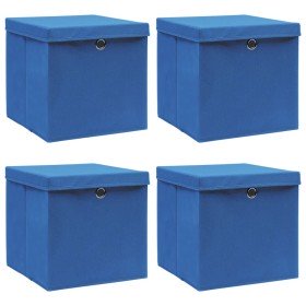 Cajas de almacenaje con tapas 4 uds tela azul 32x32x32 cm Cajas de almacenaje con tapas 4 uds tela azul 32x32x32 cm