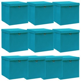 Caja de almacenaje con tapa 4 uds tela azul celeste 32x32x32 cm