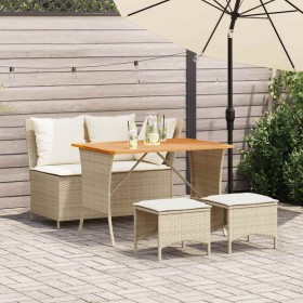 Set de comedor jardín con cojines 4 pzas ratán sintético beige