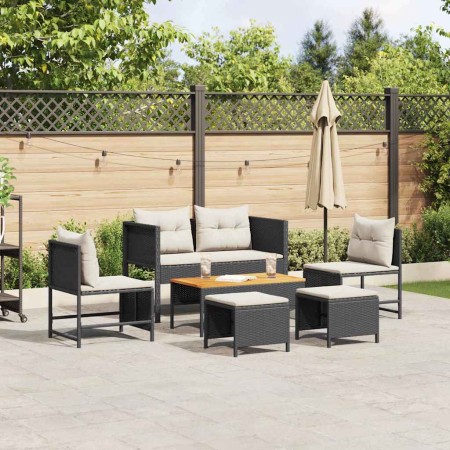 Conjunto de sofá de jardín 6 pcs Negro y crema ratán sintético