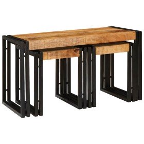 Mesa Nido 3 pcs Madera de mango maciza rugosa y un metal