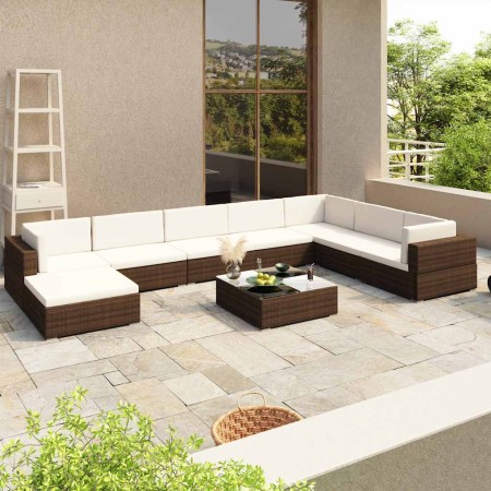Set muebles de jardín 8 piezas y cojines ratán sintético marrón