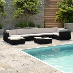Set muebles de jardín 8 piezas y cojines ratán sintético negro
