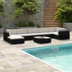 Set muebles de jardín 8 piezas y cojines ratán sintético negro Set muebles de jardín 8 piezas y cojines ratán sintético negro