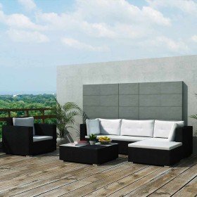 Set muebles de jardín 6 piezas y cojines ratán sintético negro