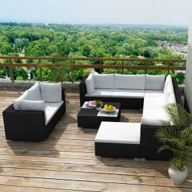 Set muebles de jardín 10 piezas y cojines ratán sintético negro en Conjuntos de jardín | Comprar online en Foro24