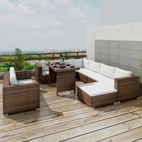 Set muebles de jardín 10 pzas y cojines ratán sintético marrón Set muebles de jardín 10 pzas y cojines ratán sintético marrón