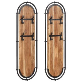 Percheros de pared con 4 ganchos 2 uds madera maciza de acacia