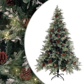 Árbol de Navidad con luces y piñas PVC PE verde y blanco 120 cm